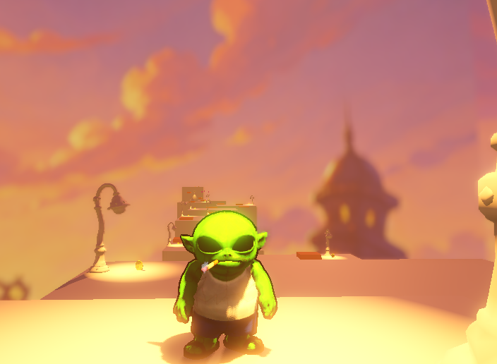 ZigZut under a warm alien sunset near lamps and rooftops